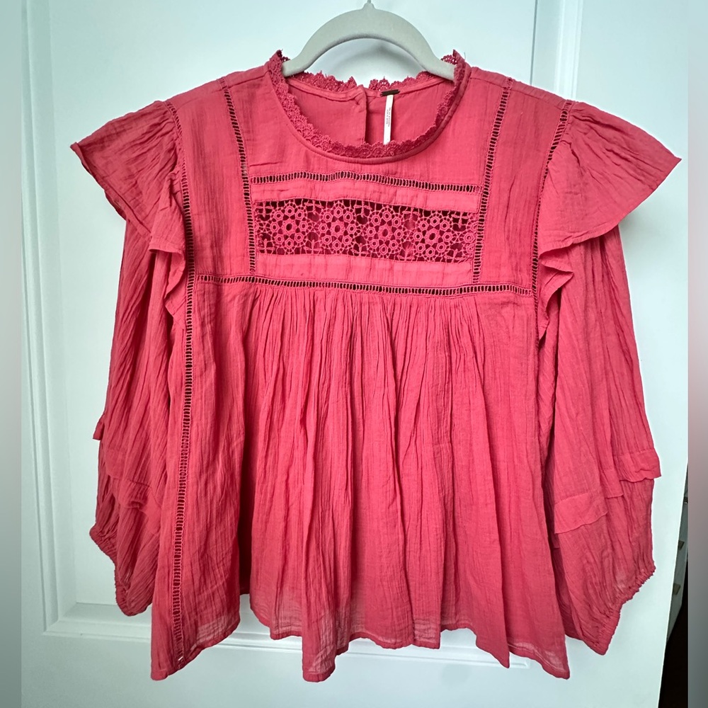 Free People Boho Peasant Top Medium Pink Crochet Lace Long Sleeve Flowy Blouse